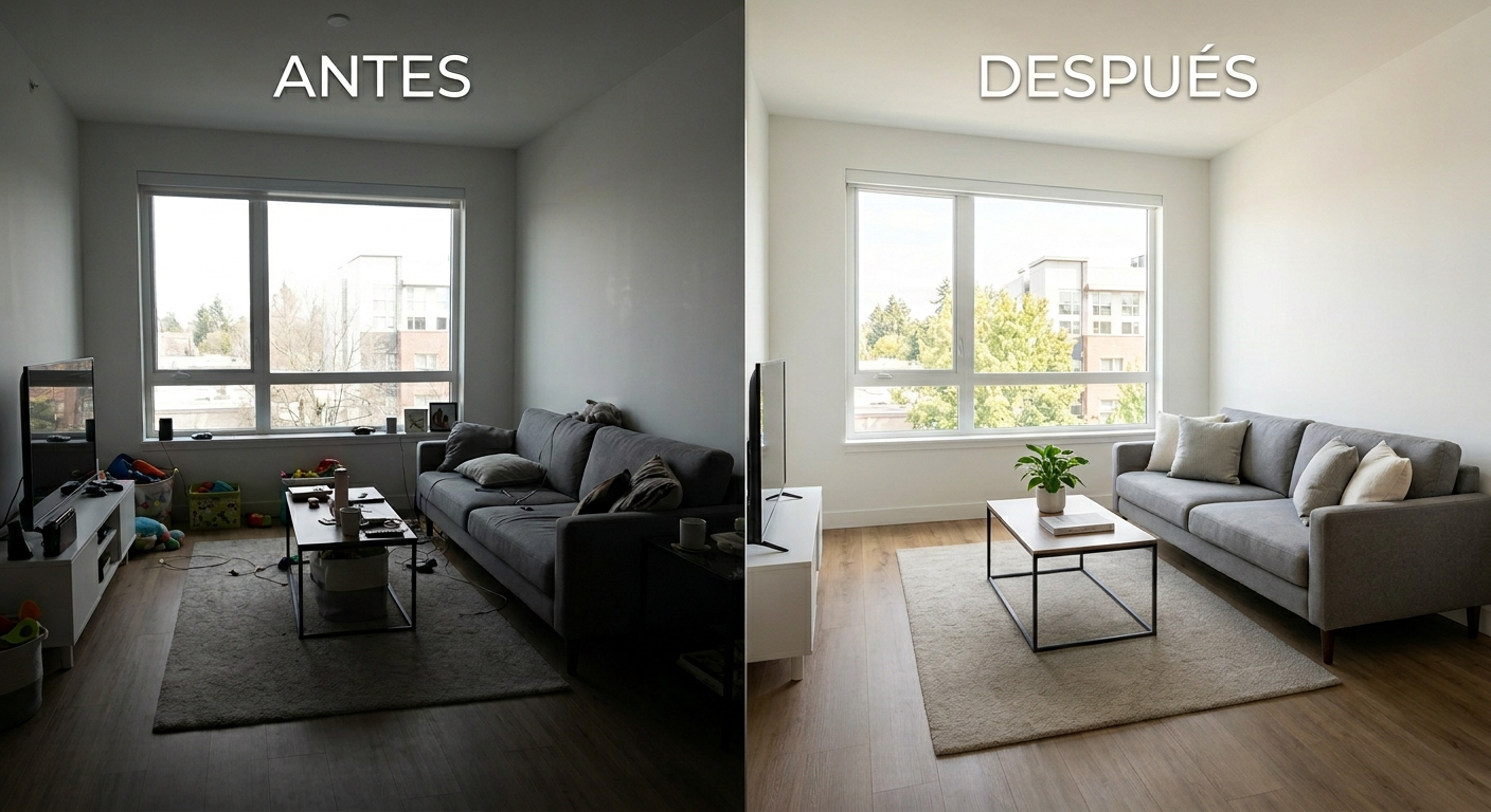 Salon inmobiliario mejorado con iluminacion limpia y colores naturales