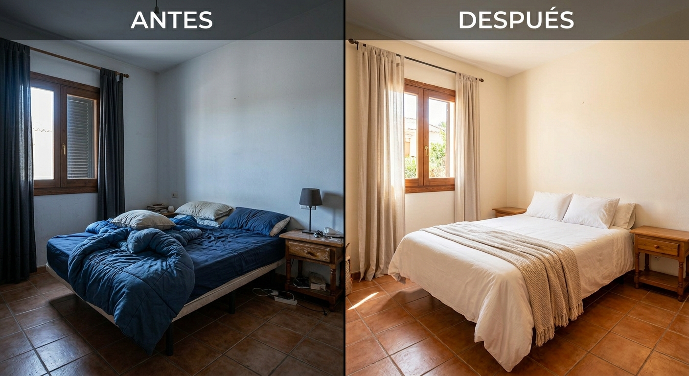 Foto de dormitorio antes y después de editar: diferencia de luz, color y perspectiva