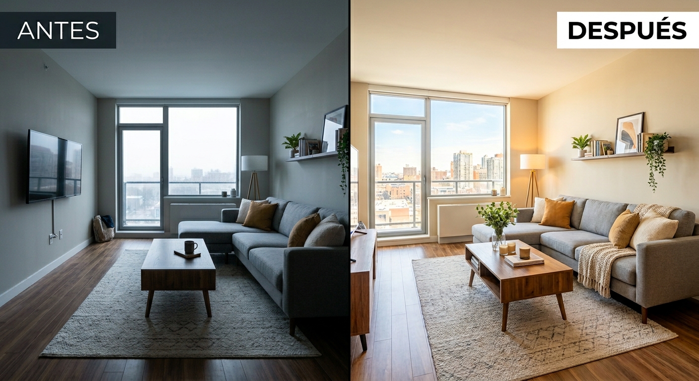 Comparativa antes y después de editar una foto de salón inmobiliaria