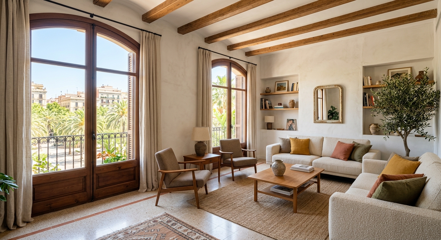 Corrección de luz en foto inmobiliaria: interior luminoso con ventana equilibrada