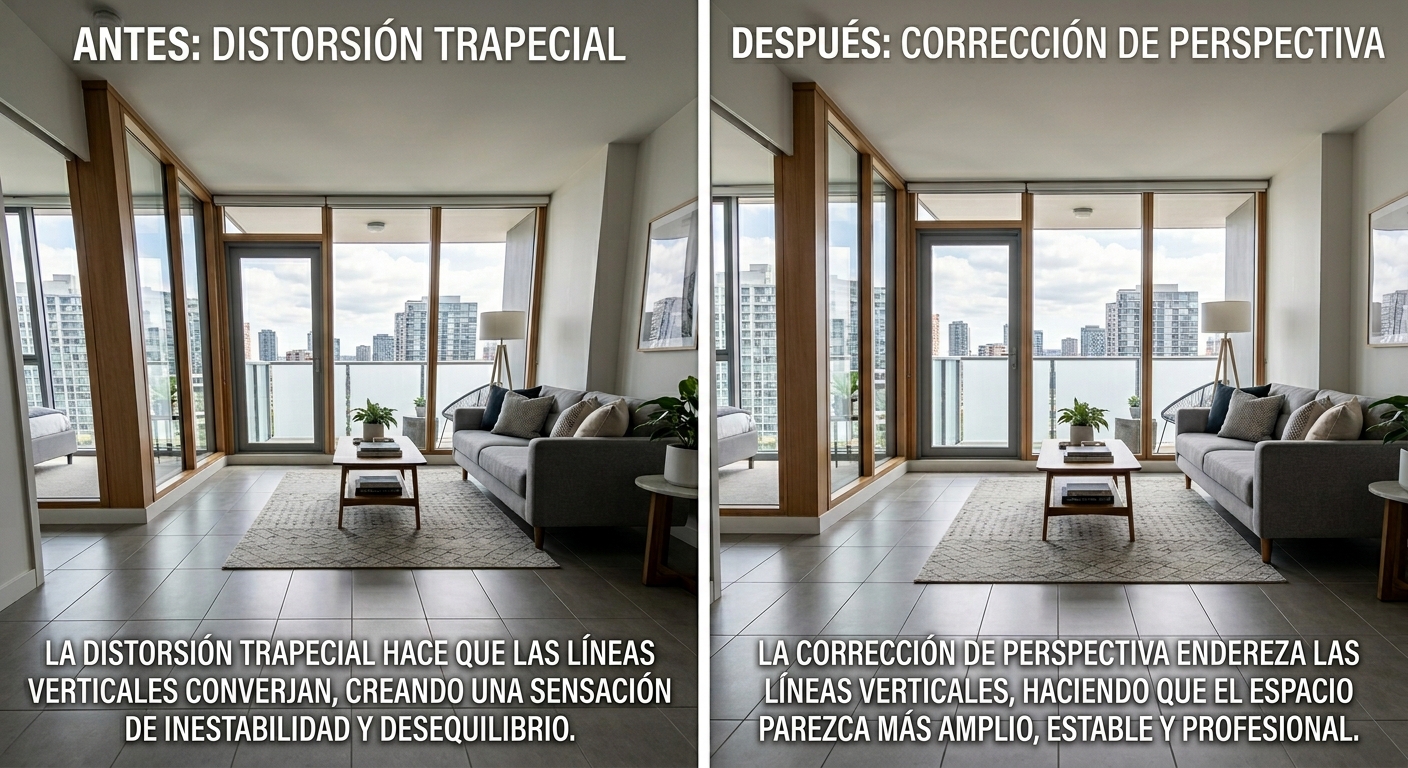 Corrección de perspectiva en foto inmobiliaria: paredes verticales rectas versus convergentes