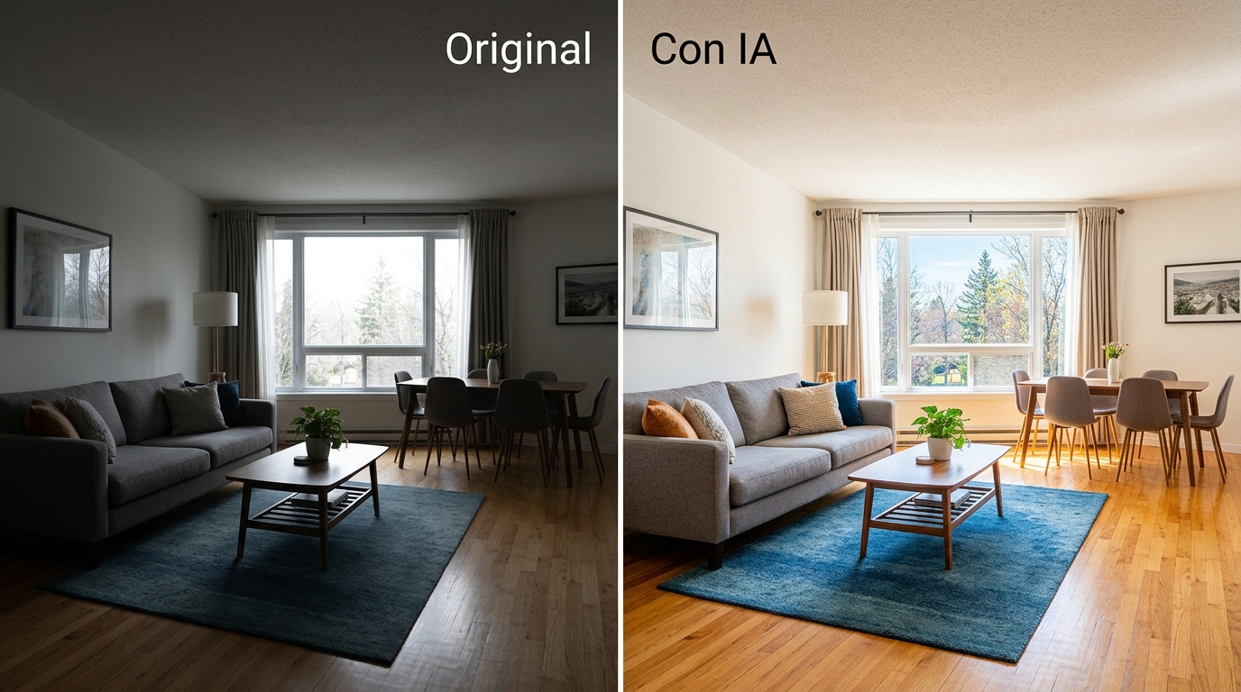 Salón antes y después de ser procesado con IA: mejora de luz, color y ambiente