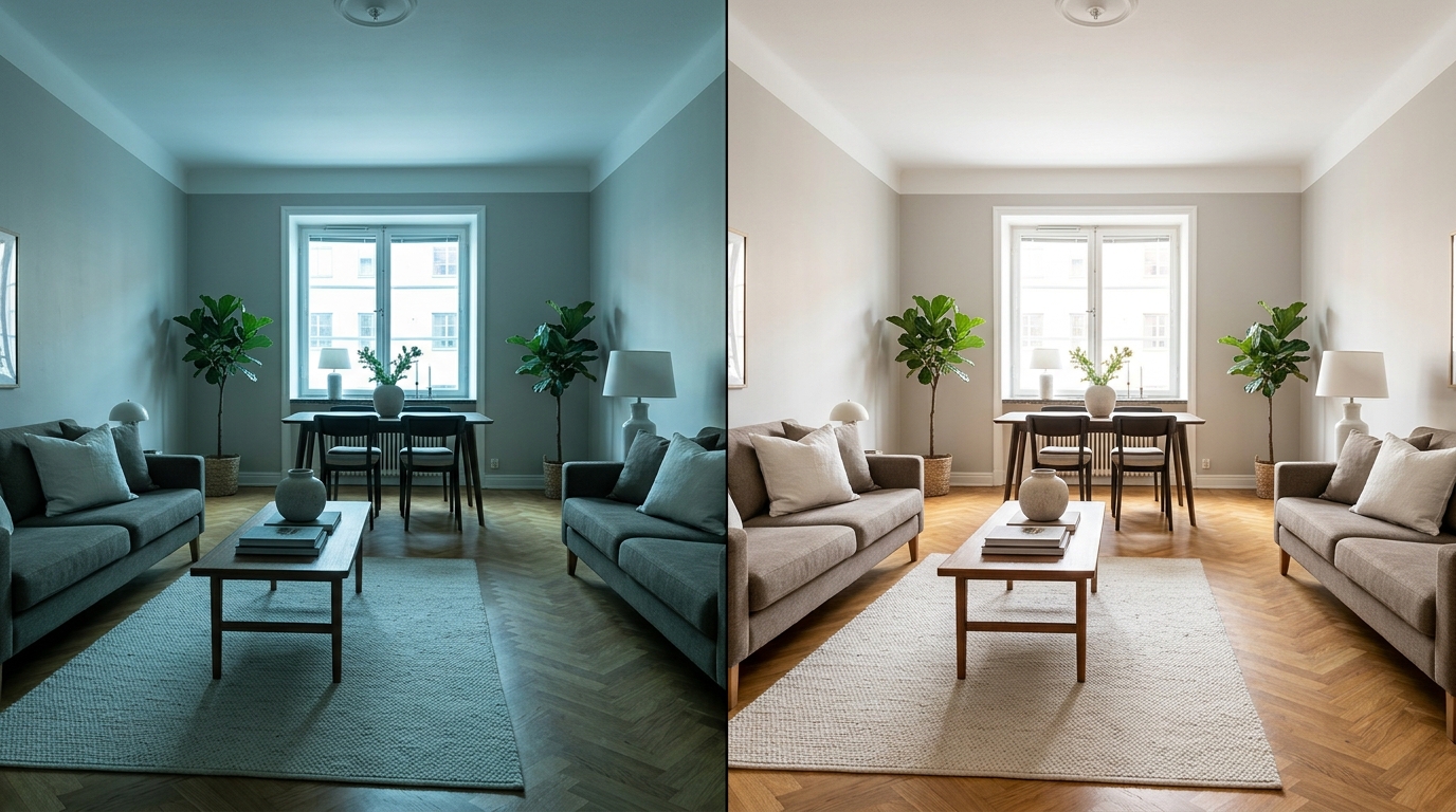 Mejora de color con IA en foto inmobiliaria: de tonos fríos apagados a colores cálidos naturales