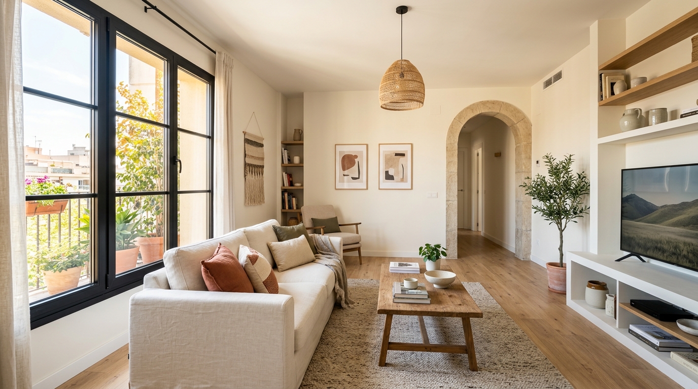 Habitación con luz corregida por IA: interior luminoso y equilibrado sin zonas quemadas