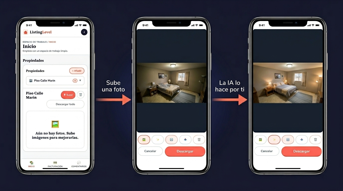 Interfaz de ListingLevel para mejorar fotos inmobiliarias antes de publicar en Idealista