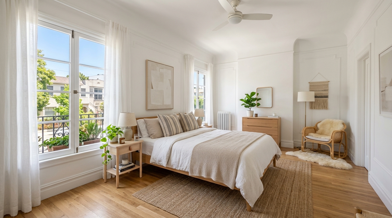 Dormitorio de vivienda en anuncio con luz natural bien equilibrada y ambiente cálido