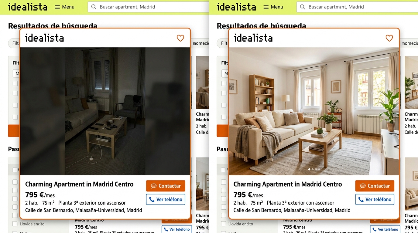 Comparativa de dos fotos de anuncio inmobiliario: foto descuidada frente a foto optimizada